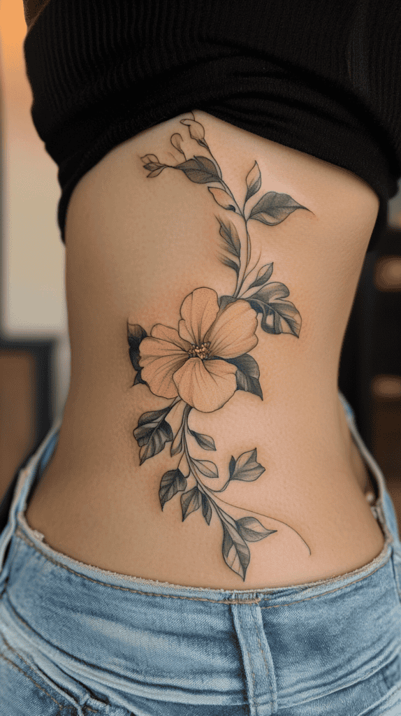 Rib tattoo featuring a delicate floral vine.