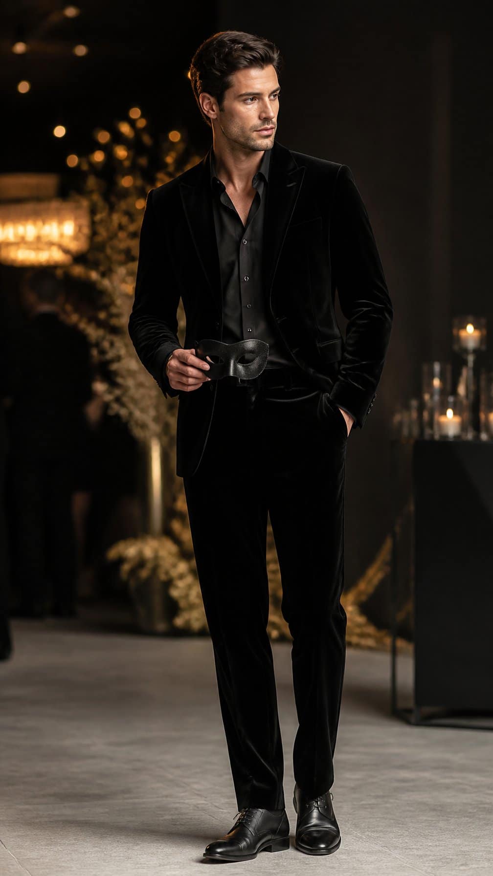 19 Masquerade Outfit Ideas That Aren't Costumey 4 A person wearing a black velvet blazer, matching trousers, and a masquerade mask at an elegant evening event.