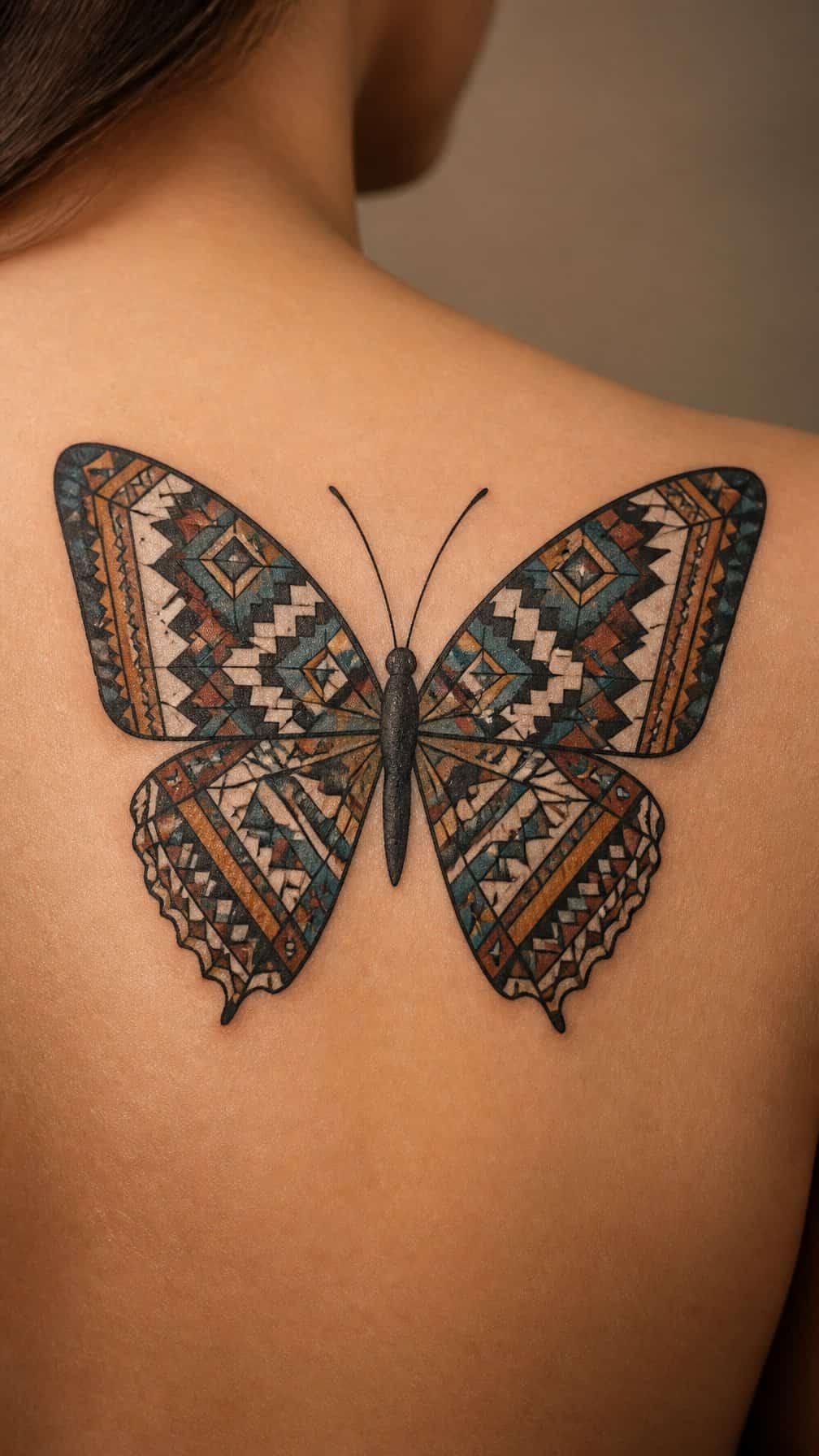 A geometric butterfly tattoo is shown in close-up on a person’s skin.