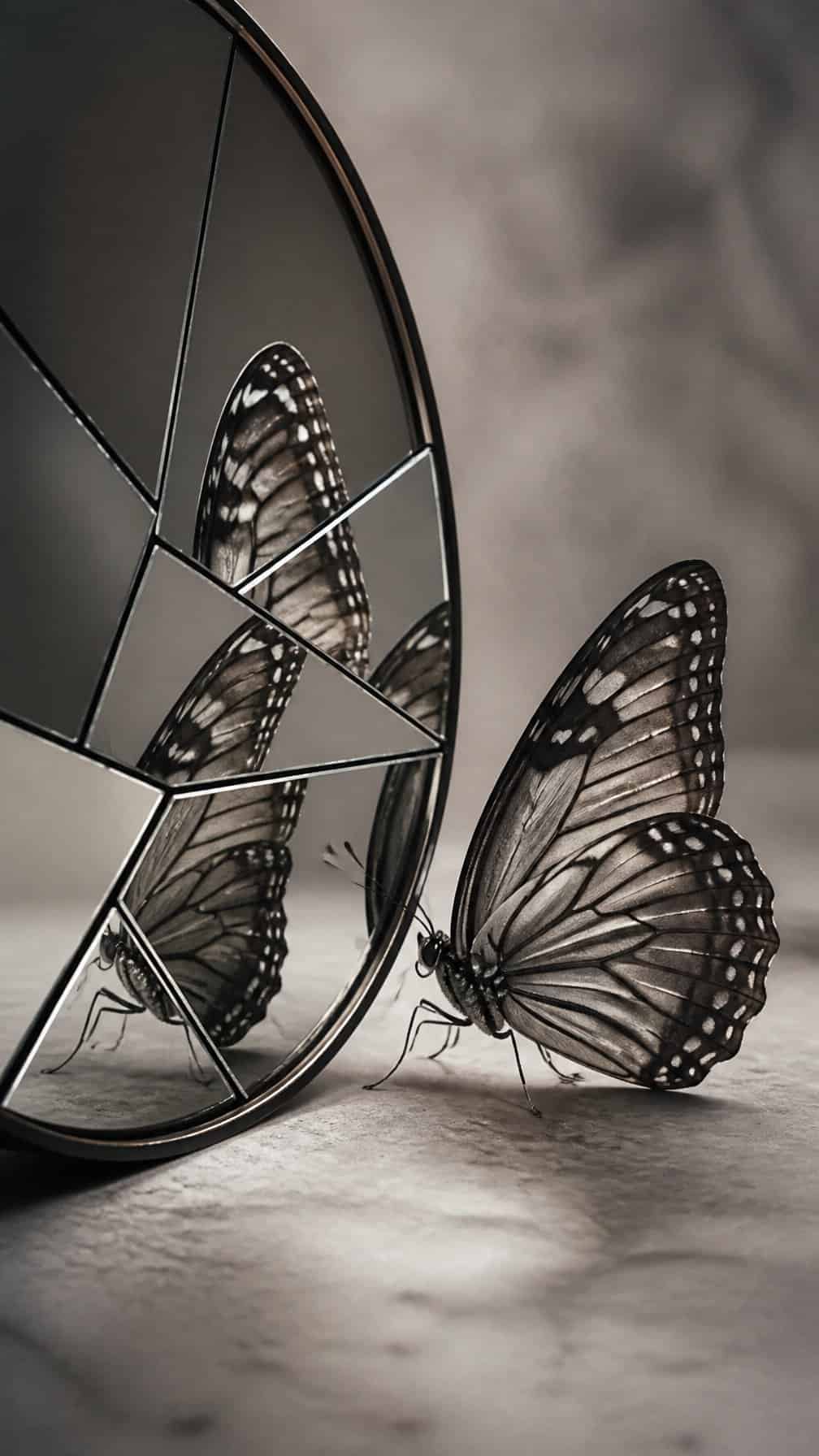 A butterfly beside a fragmented mirror with its reflection broken into several pieces.
