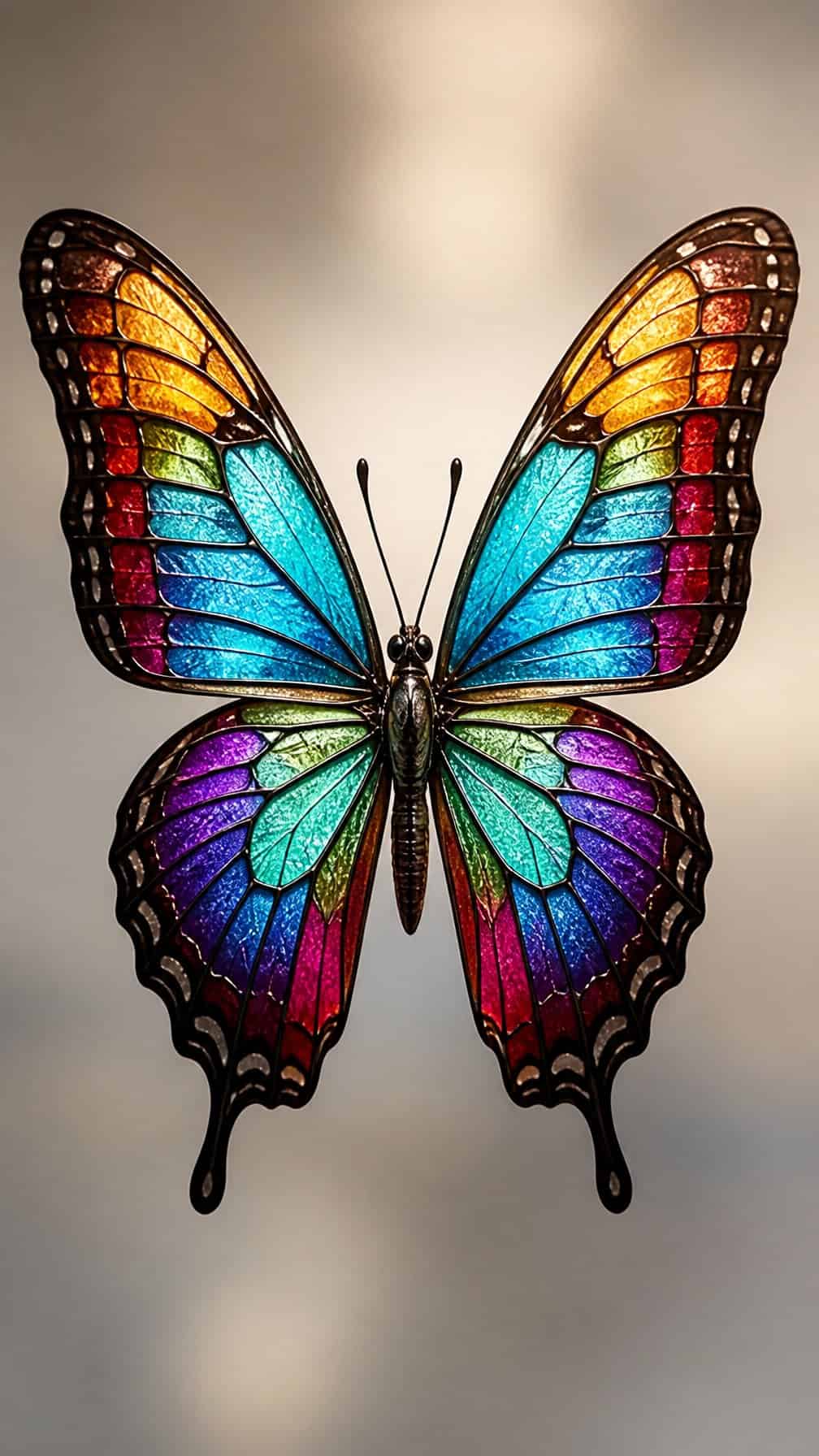 A colorful butterfly with wings divided into stained-glass-like sections.