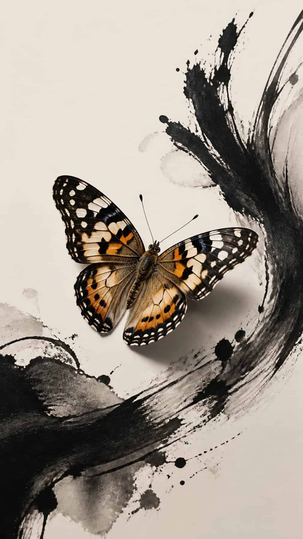 A butterfly rests amid sweeping black ink-brush shapes on a light background.