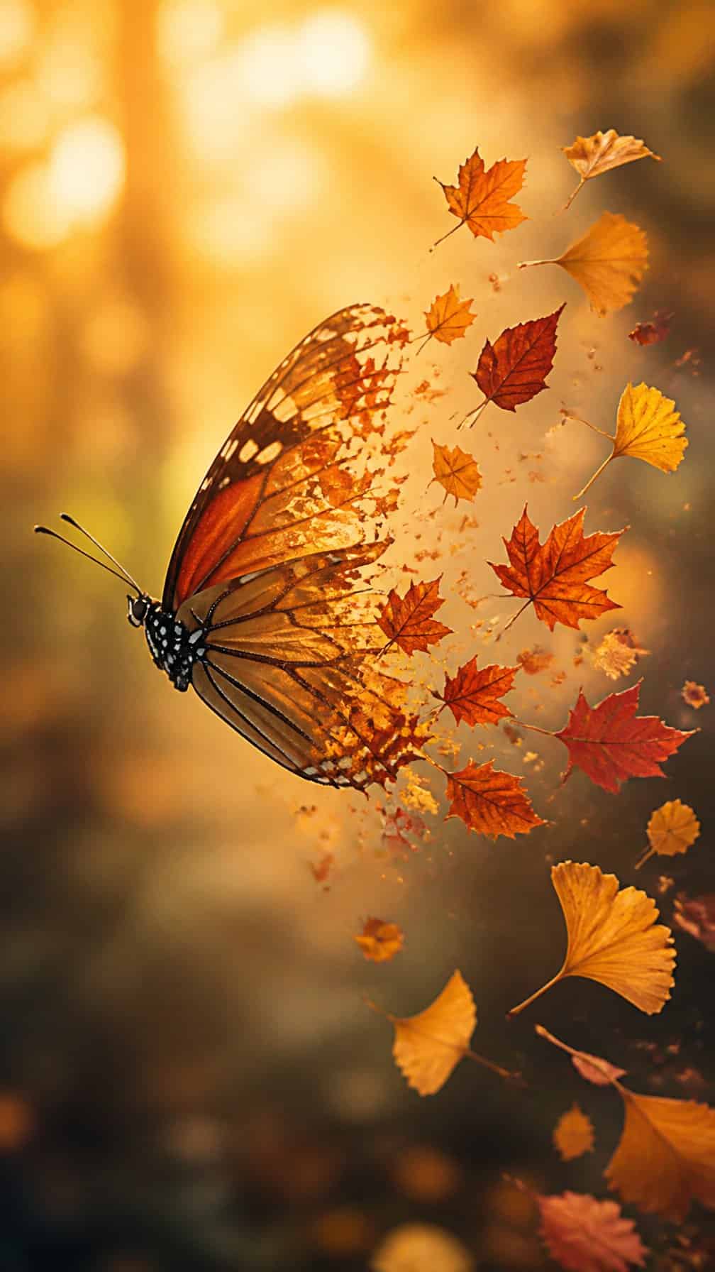 A butterfly dissolves into drifting autumn leaves in a softly lit woodland scene.