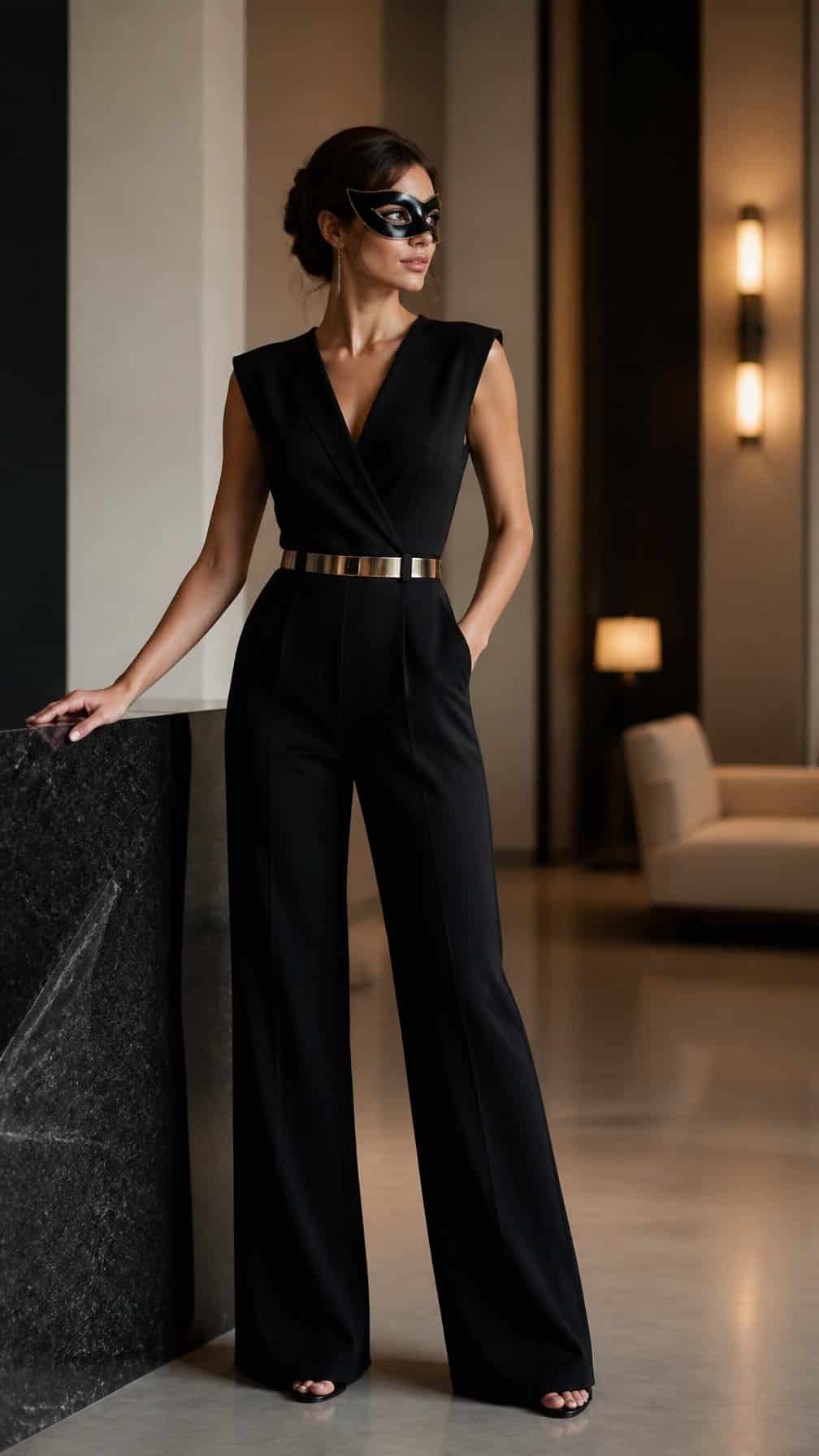 19 Masquerade Outfit Ideas That Aren't Costumey 17 A model in a black jumpsuit, metallic belt, and sleek masquerade mask stands in an elegant modern interior.