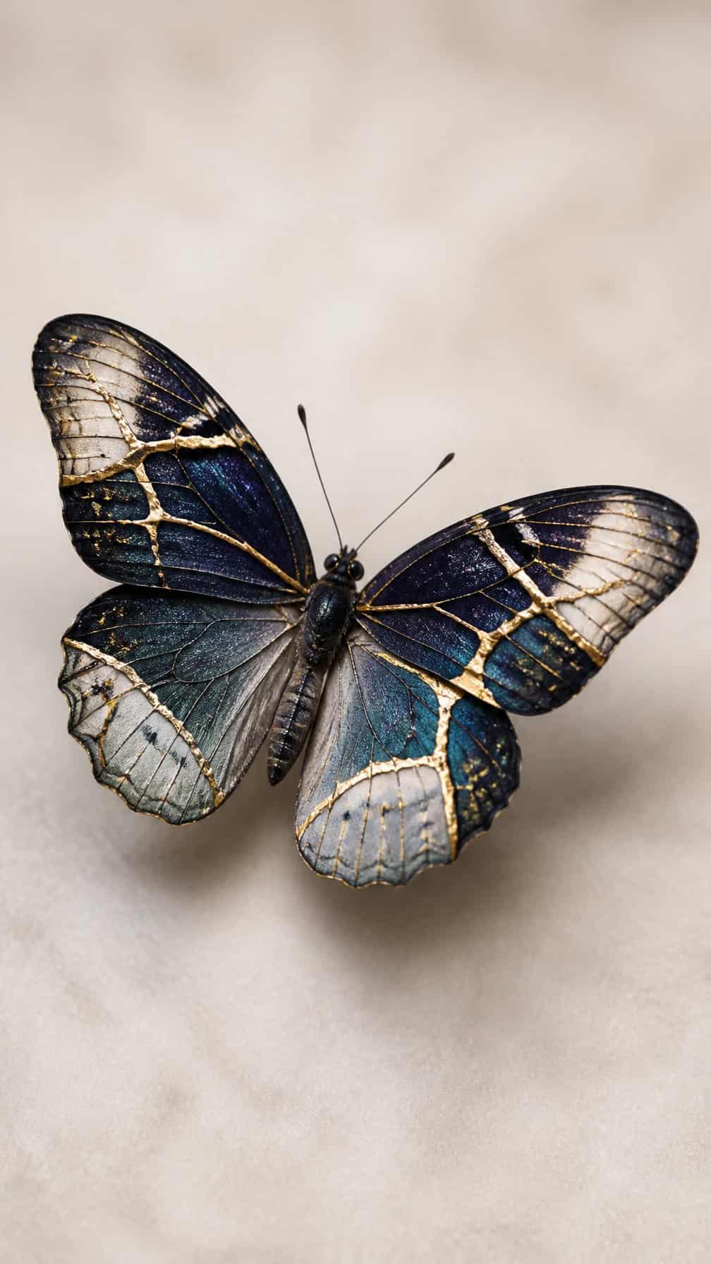 A butterfly with gold-colored fracture lines across its wings rests on a neutral surface.