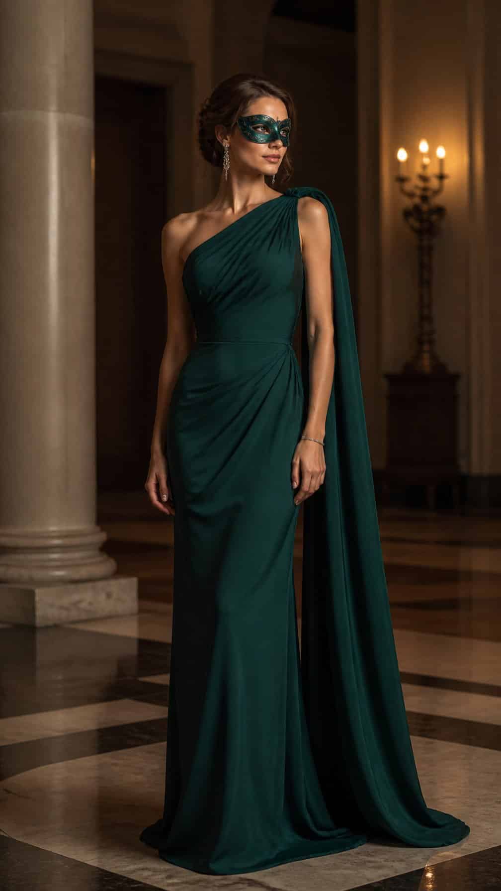 19 Masquerade Outfit Ideas That Aren't Costumey 13 A woman in an elegant one-shoulder gown and simple eye mask poses in a softly lit upscale interior.