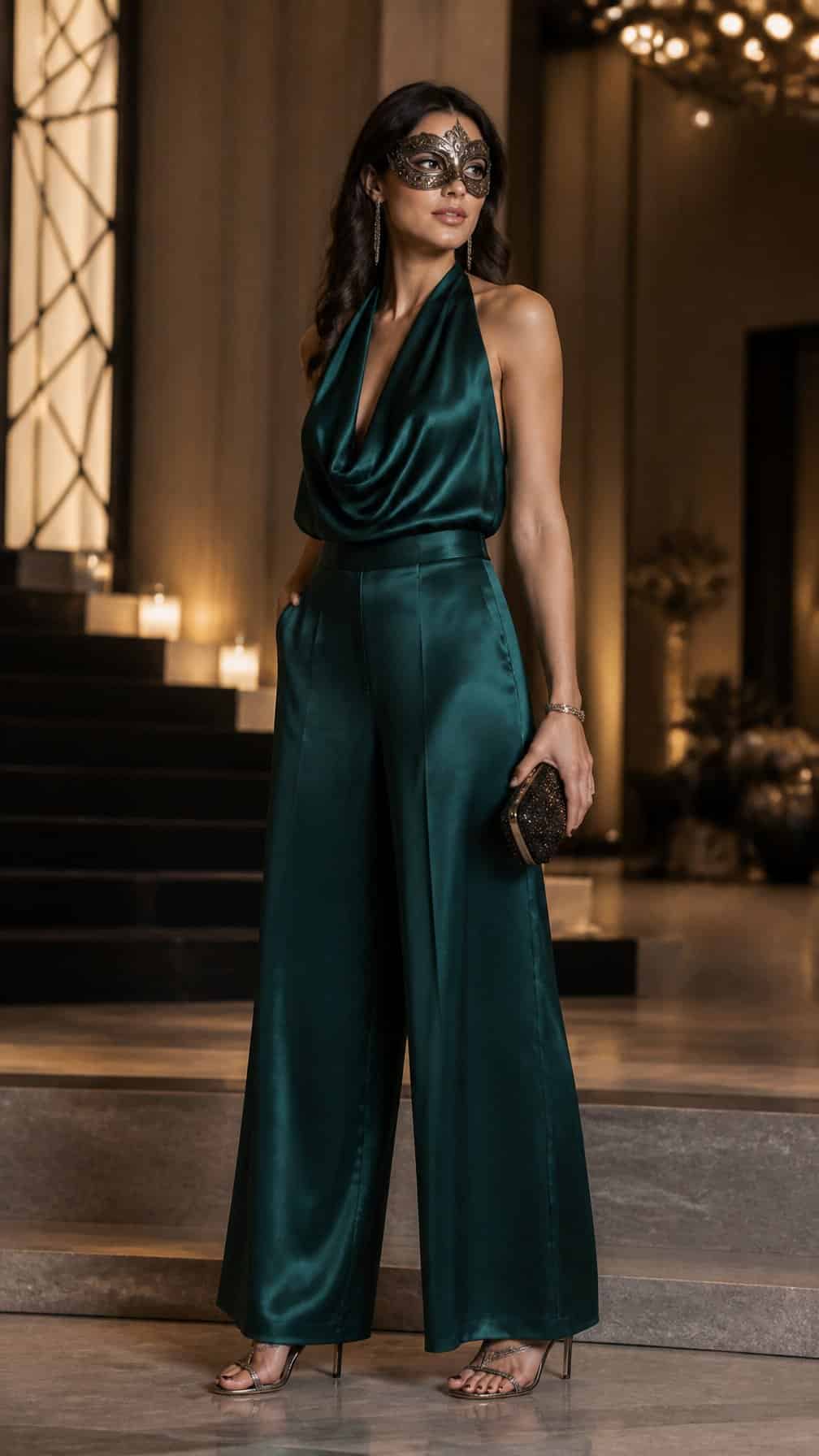 19 Masquerade Outfit Ideas That Aren't Costumey 12 A woman in satin wide-leg pants and a draped top wears a masquerade mask in an elegant interior.