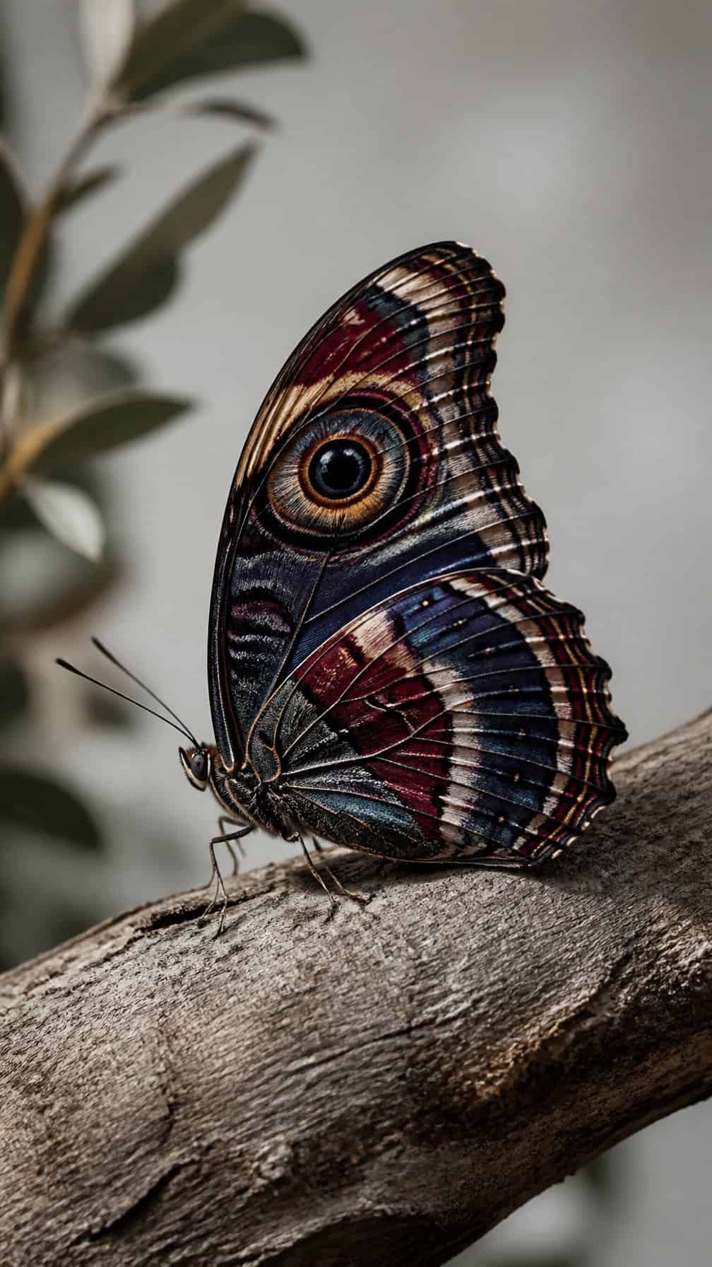 A colorful butterfly with an eye-shaped marking on its wing resting on a natural surface.