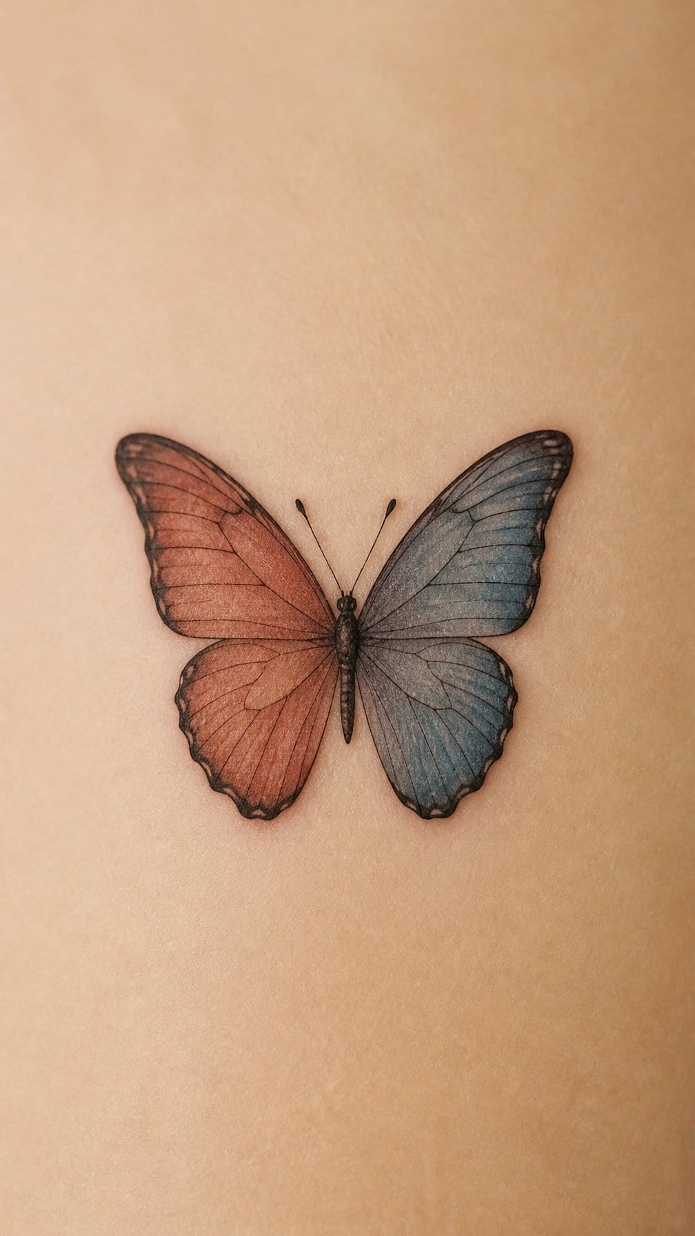 A two-tone butterfly tattoo design in muted rust and slate blue.