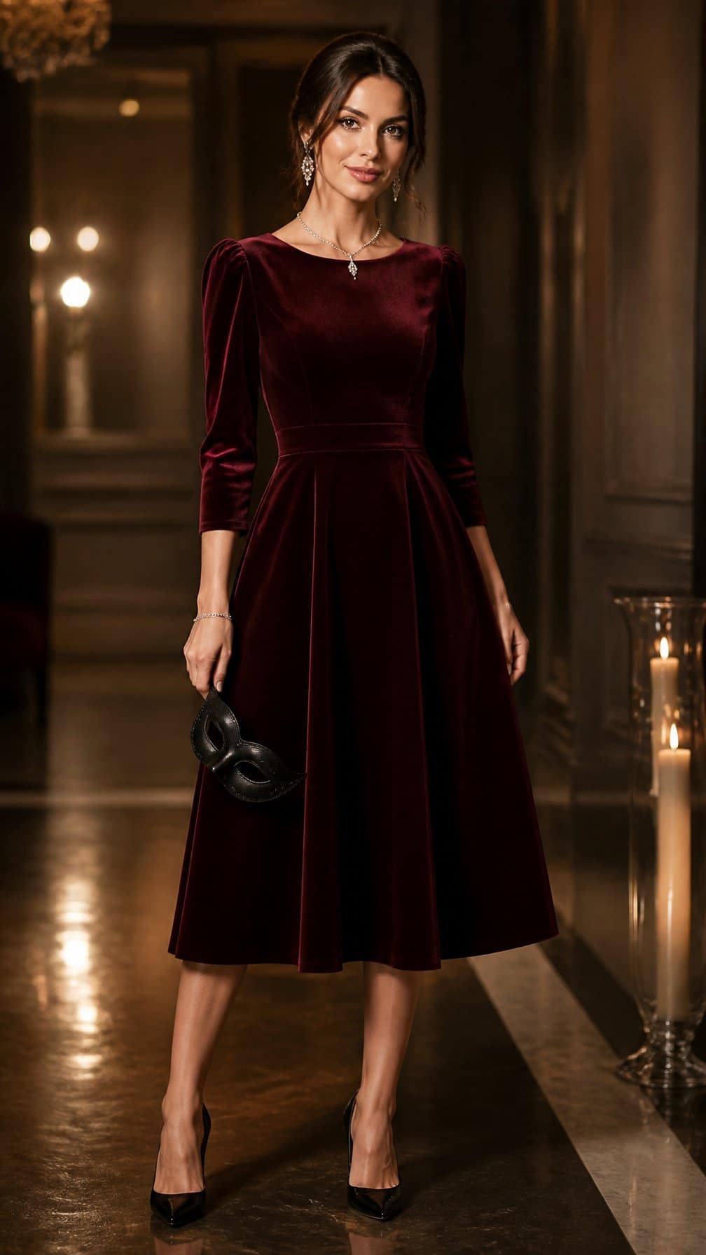 19 Masquerade Outfit Ideas That Aren't Costumey 20 A woman in a burgundy velvet midi dress and crystal jewelry stands in an elegant evening interior.