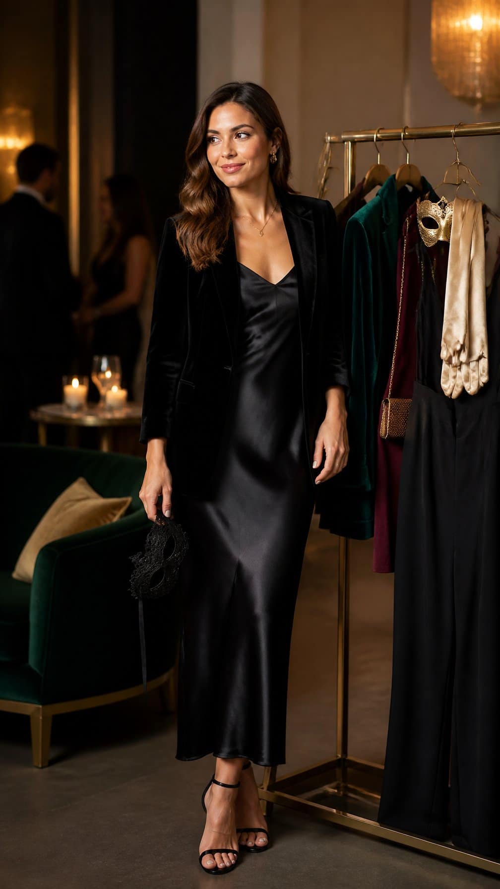 19 Masquerade Outfit Ideas That Aren't Costumey 2 A woman in an elegant black evening outfit holds a masquerade mask in an upscale party setting.